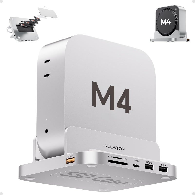 PULWTOP Mac mini M4 Dock with 4TB M.2 SSD Enclosure, 8-in-1 Aluminum Vertical USB-C Hub for Mac mini M4 Pro Hub Stand with USB-A/C 3.2 10Gbps, 2xUSB-A 2.0, 3.5mm Audio, SD/TF (SSD NOT Included) - Image 1