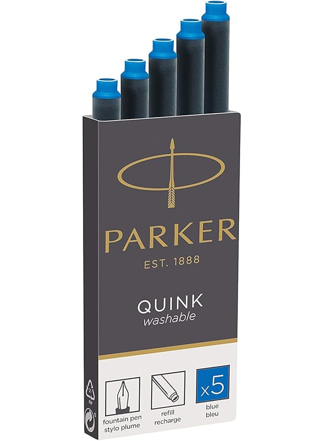 PARKER Quink Washable Ink Fountain Pen Refill Cartridges 10 Blue Ink Refills 3016031Pp 10 Cartridges Blue - Image 2