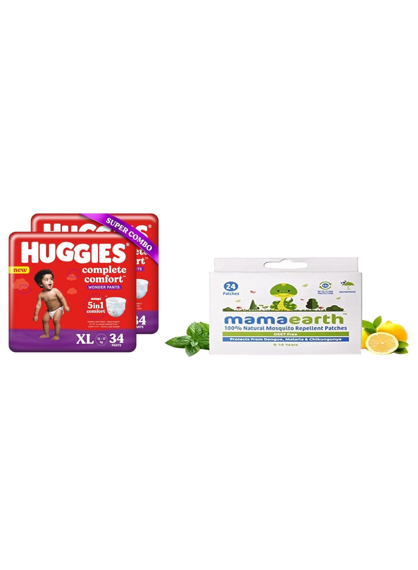 Huggies Complete Comfort Wonder Pants, Extra Large (XL) Combo Pack of 2, 34 count Per Pack, (68 count) & Mamaearth Natural Repellent Mosquito Patches For Babies with 12 Hour Protection,White,Pack of 1