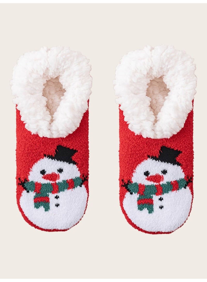 Winter Slipper Socks For Ladies 1 Pair Thick Wool Lined Red Snowman Socks With Anti-Slip Silicone, Warm Cozy Indoor Socks, Size 36-39 - Image 2