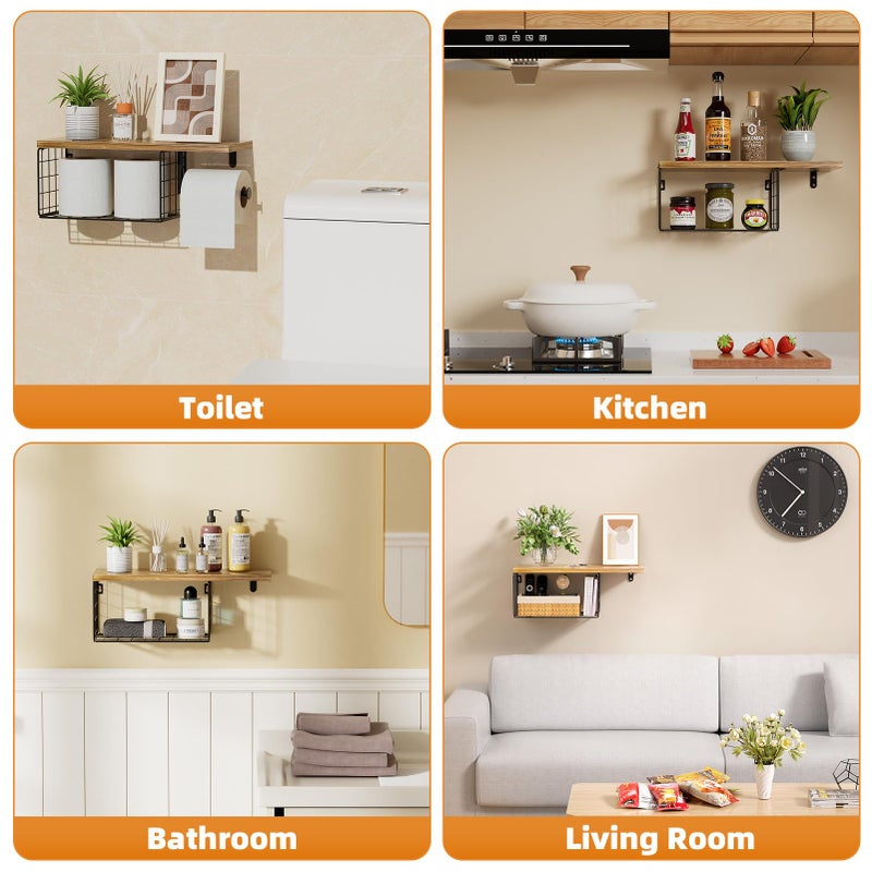 VITVITI Toilet Paper Holder with Shelf, Wall Mounted Toilet Paper Storage Basket, Wood Metal Toilet Roll and Wipes Holder for Bathroom Farmhouse (Brown) - Image 2