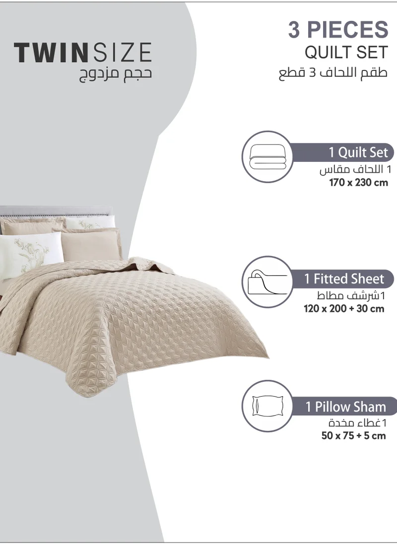 دوناتيلا طقم لحاف 3 قطع سرير مفرد مقاس (120 * 200 سم) طقم غطاء مبطن قابل للعكس مع ملاءة مناسبة وسادة وأكياس وسادة ، بيج