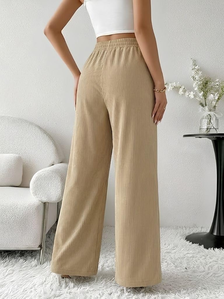SMOWKLY Authentics Women's Trendy Casual Stretchable Baggy Loose Korean Trouser with Pockets || High Rise Elastic Waist Going Out Lounge Pants || Wide Leg Sweatpant for Woman(1679_BG_XXL) Beige - Image 3