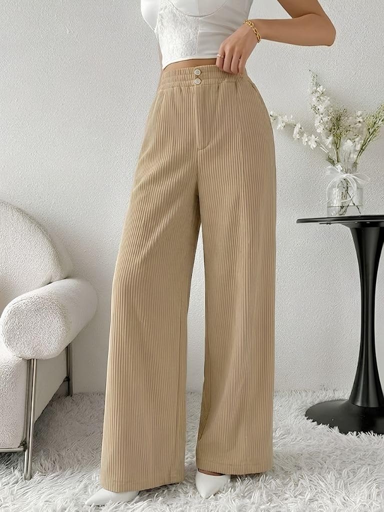 SMOWKLY Authentics Women's Trendy Casual Stretchable Baggy Loose Korean Trouser with Pockets || High Rise Elastic Waist Going Out Lounge Pants || Wide Leg Sweatpant for Woman(1679_BG_XXL) Beige - Image 2