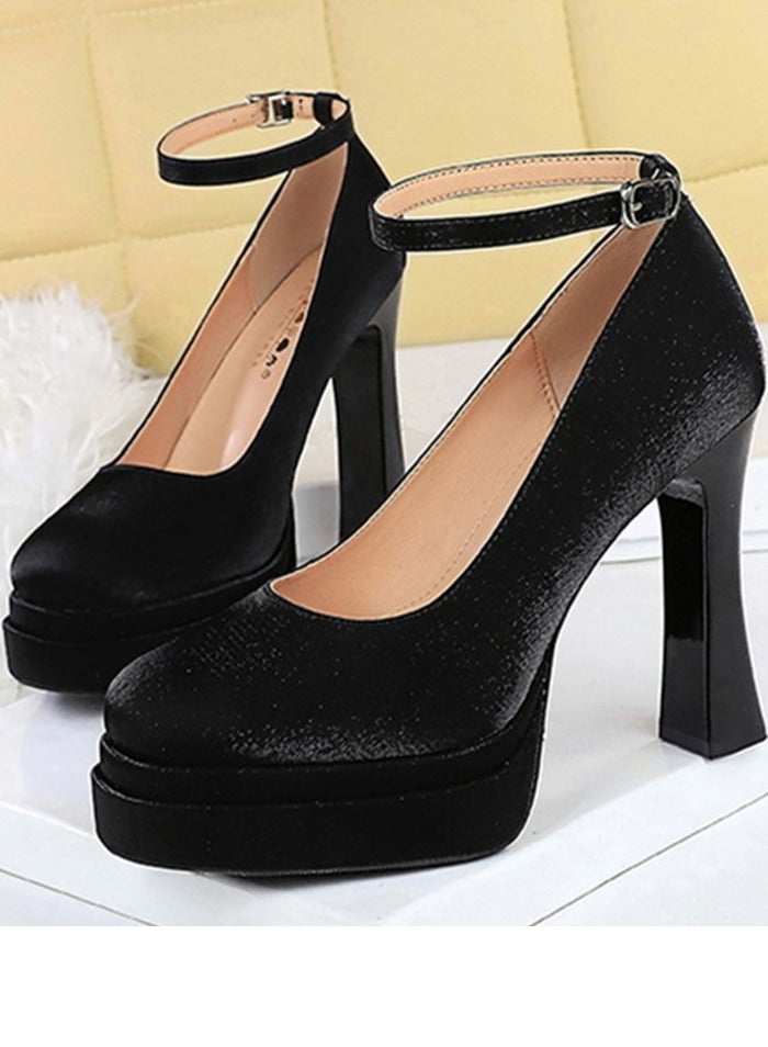 BIGTREE Womens Platform Chunky High Heels Round Closed Toe With Ankle Strap Pumps Black 11.5CM - Image 1