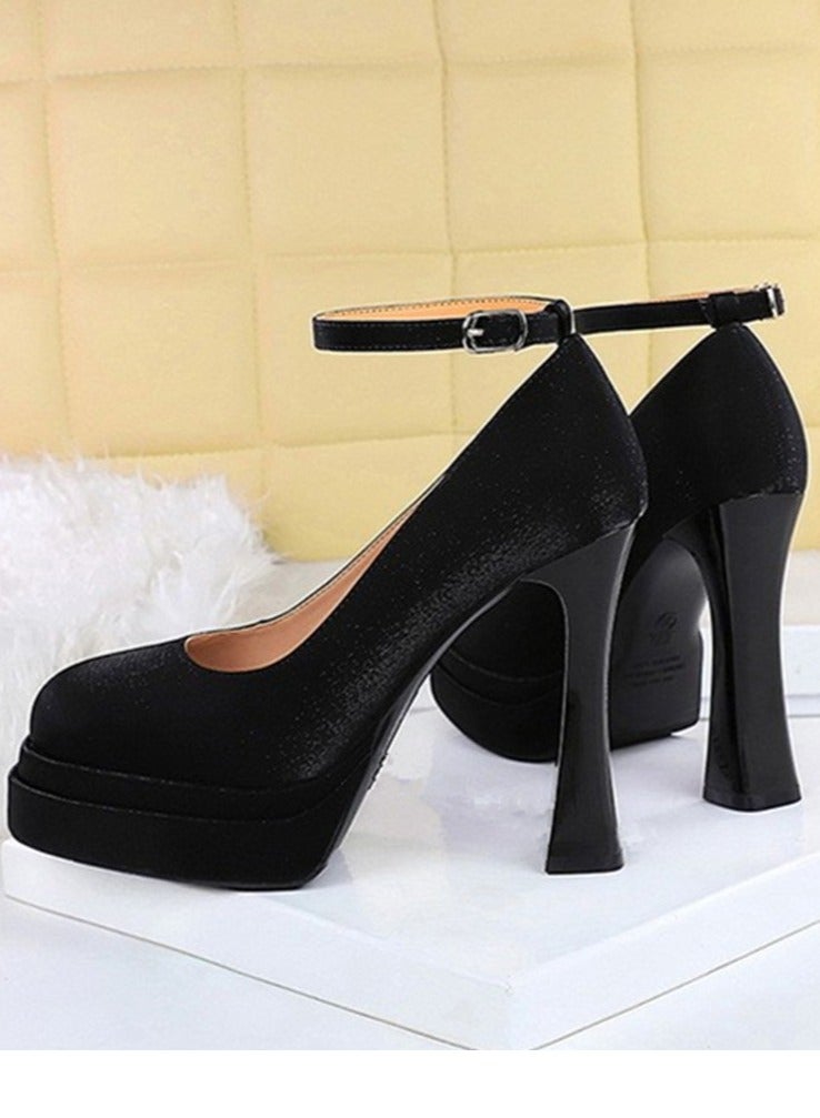 BIGTREE Womens Platform Chunky High Heels Round Closed Toe With Ankle Strap Pumps Black 11.5CM - Image 2