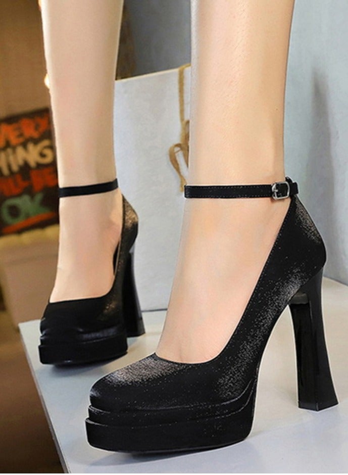 BIGTREE Womens Platform Chunky High Heels Round Closed Toe With Ankle Strap Pumps Black 11.5CM - Image 3