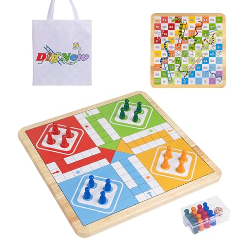 DigNew 12 Inch Wooden 2in1 Ludo Snakes Board Game Reversible Travel Set with Storage Bag Organizer Box AllinOne Storage - Image 1