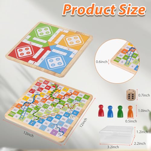 DigNew 12 Inch Wooden 2in1 Ludo Snakes Board Game Reversible Travel Set with Storage Bag Organizer Box AllinOne Storage - Image 5
