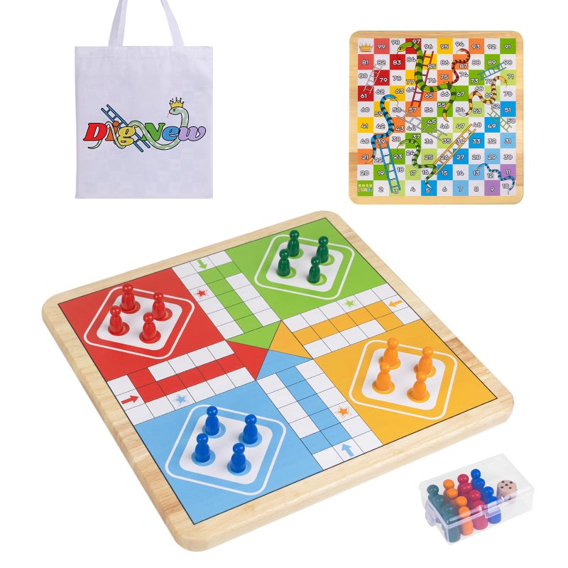 DigNew 12 Inch Wooden 2in1 Ludo Snakes Board Game Reversible Travel Set with Storage Bag Organizer Box AllinOne Storage - Image 3