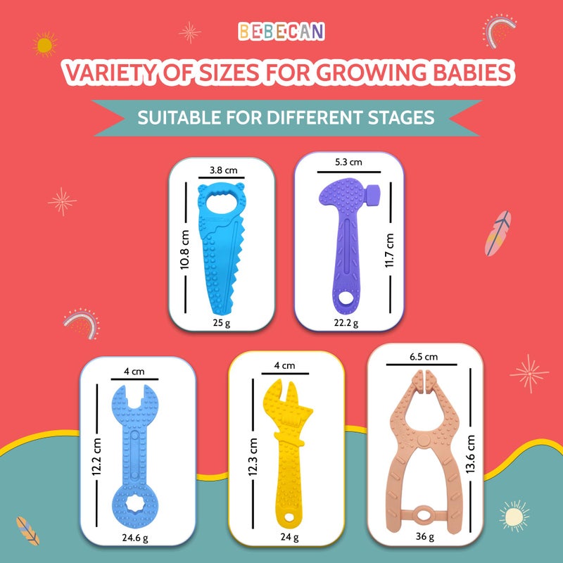 BEBECAN Teething Tools Teether for Baby - 5 Premium Food-Grade Silicone Baby Boy Teething Toys, 2 Straps for Safety and Travel Bag Tool Toys Provide Soothing Relief and Healthy Development. - Image 5