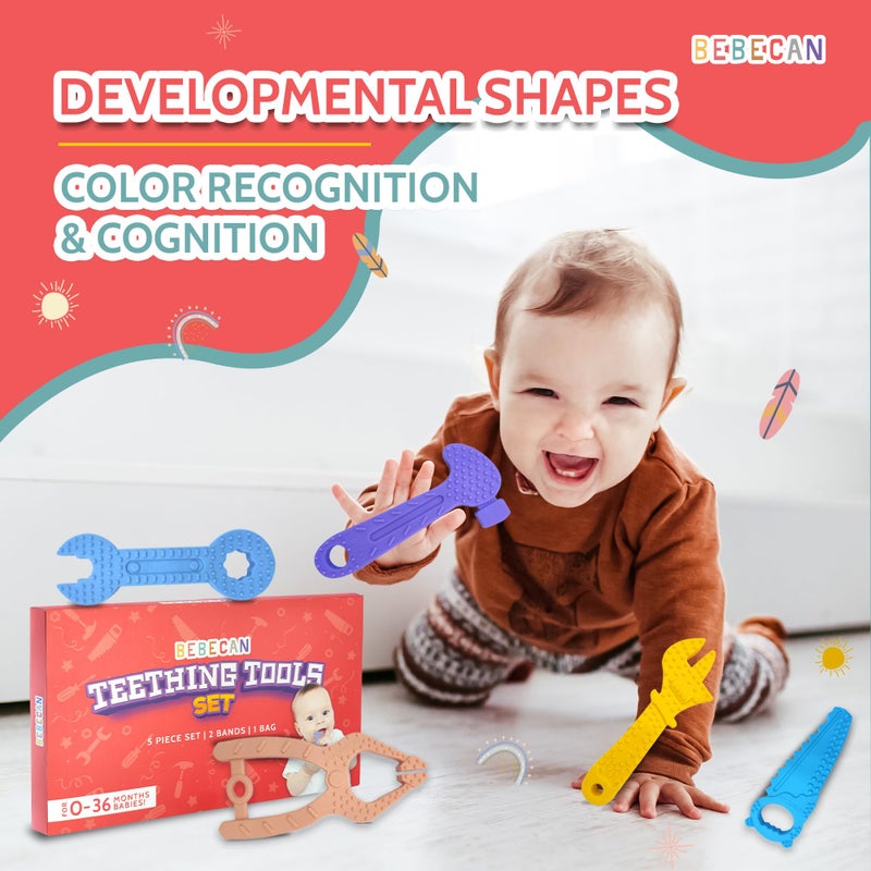 BEBECAN Teething Tools Teether for Baby - 5 Premium Food-Grade Silicone Baby Boy Teething Toys, 2 Straps for Safety and Travel Bag Tool Toys Provide Soothing Relief and Healthy Development. - Image 3