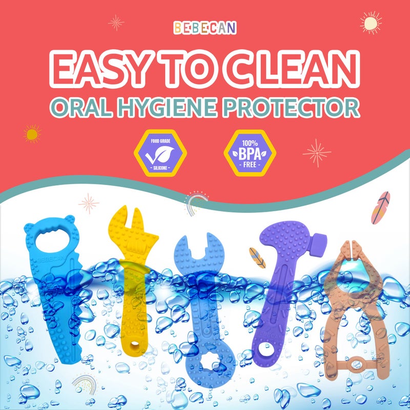 BEBECAN Teething Tools Teether for Baby - 5 Premium Food-Grade Silicone Baby Boy Teething Toys, 2 Straps for Safety and Travel Bag Tool Toys Provide Soothing Relief and Healthy Development. - Image 4