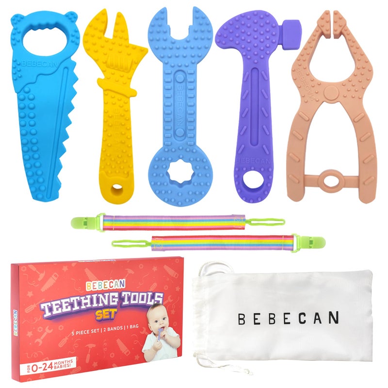 BEBECAN Teething Tools Teether for Baby - 5 Premium Food-Grade Silicone Baby Boy Teething Toys, 2 Straps for Safety and Travel Bag Tool Toys Provide Soothing Relief and Healthy Development. - Image 1