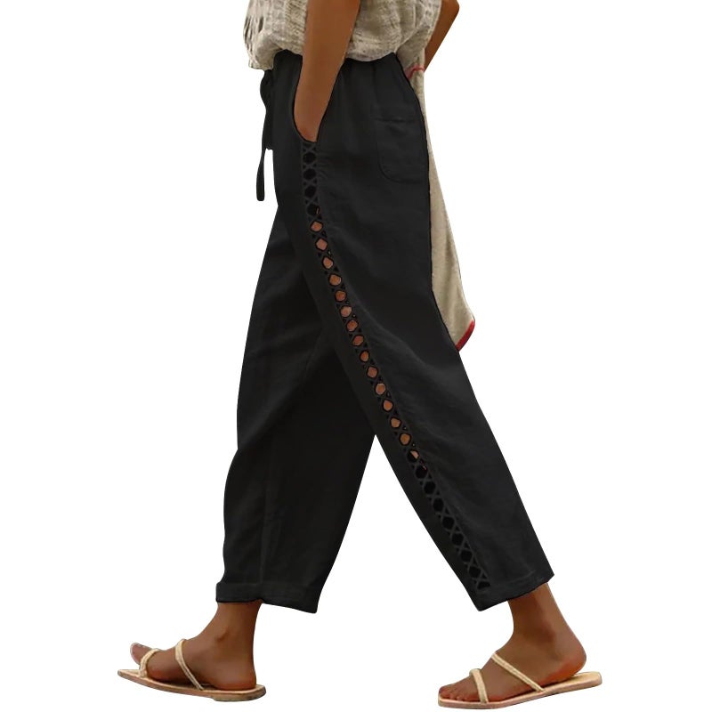 Puimentiua Women's Linen Capri Pants with Drawstring Petite Summer Beachwear Lightweight Elastic Waist Pants, Black, L - Image 1