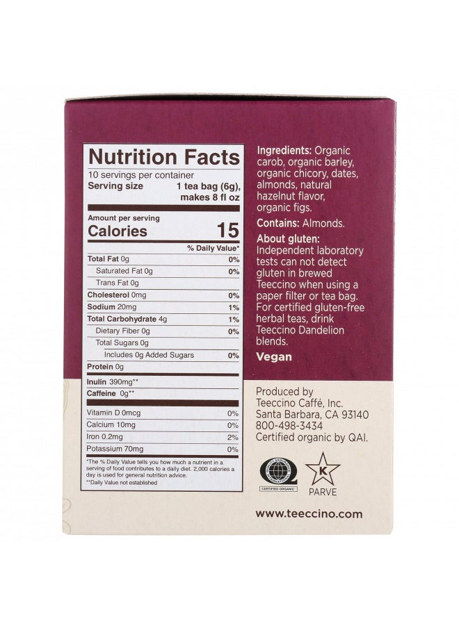 Teeccino Hazelnut Herbal Tea - Rich & Roasted Herbal Tea Thats Caffeine Free & Prebiotic for Natural Energy, 10 Tea Bags