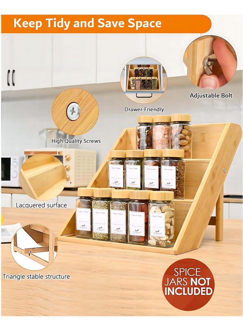 ثمانية فيبيهاوس منظم بهارات منظم التوابل رف بهارات خشب  استاند بهارات  ارفف بقالة منظم رفوف التوابل، حامل برطمانات توابل من الخيزران بثلاثة أرفف، يوفر المساحة، رفوف توابل مناسبة لأدراج خزائن المطبخ وأسطح العمل، والحمام، رف عرض، الزجاجة غير متضمنة - Image 3
