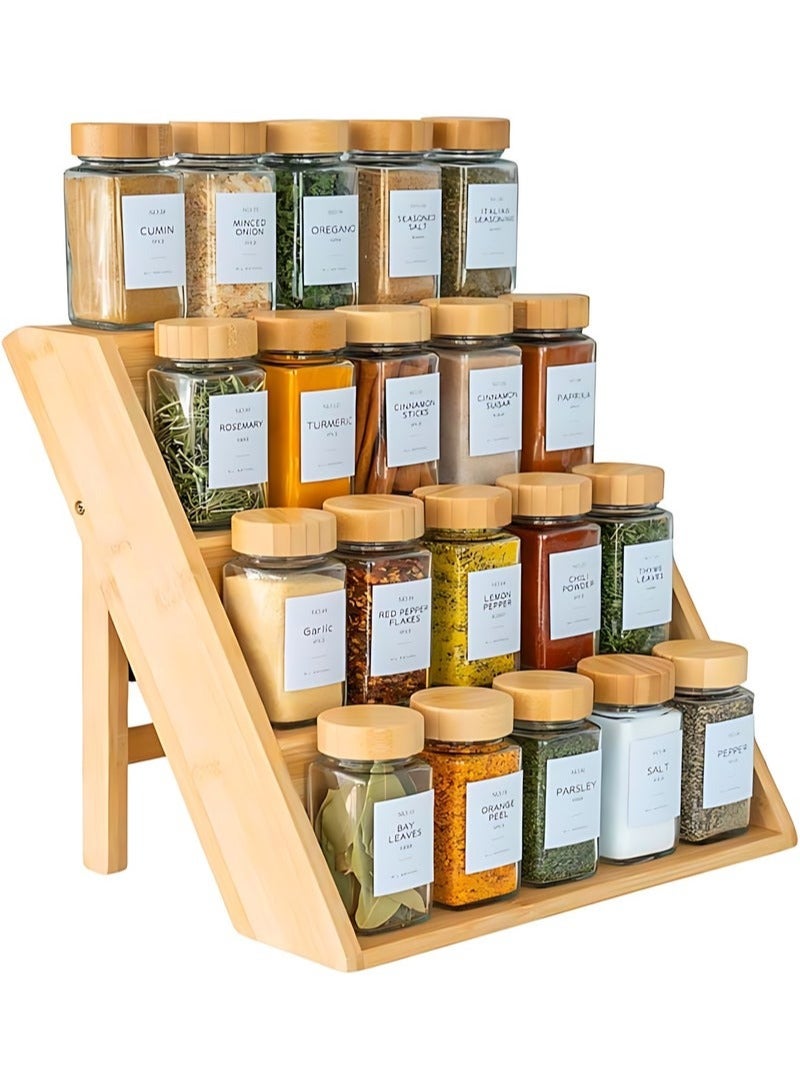 ثمانية فيبيهاوس منظم بهارات منظم التوابل رف بهارات خشب  استاند بهارات  ارفف بقالة منظم رفوف التوابل، حامل برطمانات توابل من الخيزران بثلاثة أرفف، يوفر المساحة، رفوف توابل مناسبة لأدراج خزائن المطبخ وأسطح العمل، والحمام، رف عرض، الزجاجة غير متضمنة - Image 1