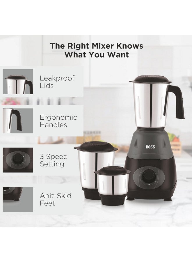 BOSS خلاط بوس برافو 500 واط مع محرك قوي، تصميم فريد لكسر التدفق وحماية من التحميل الزائد (3 أوعية من الفولاذ المقاوم للصدأ، رمادي) - Image 3