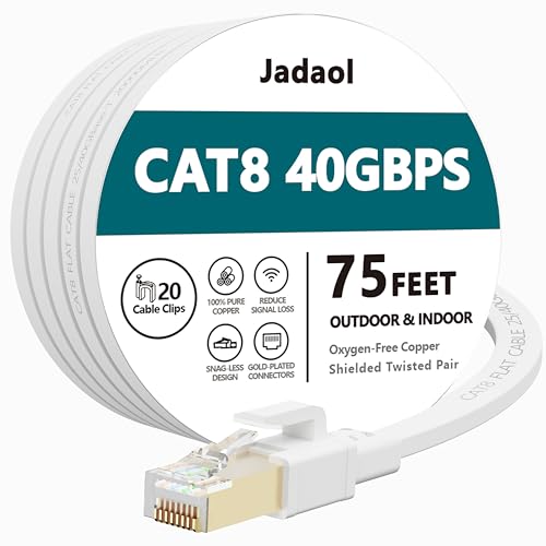 Jadaol كابل إيثرنت Cat8، خارجي وداخلي، 75 قدم، كابل شبكة LAN Cat 8 عالي السرعة وقوي، 40Gbps 2000MHz RJ45 كابل إنترنت مسطح، مقاوم للعوامل الجوية S/FTP ومقاوم للأشعة فوق البنفسجية لجهاز التوجيه/المودم/الألعاب - Image 1