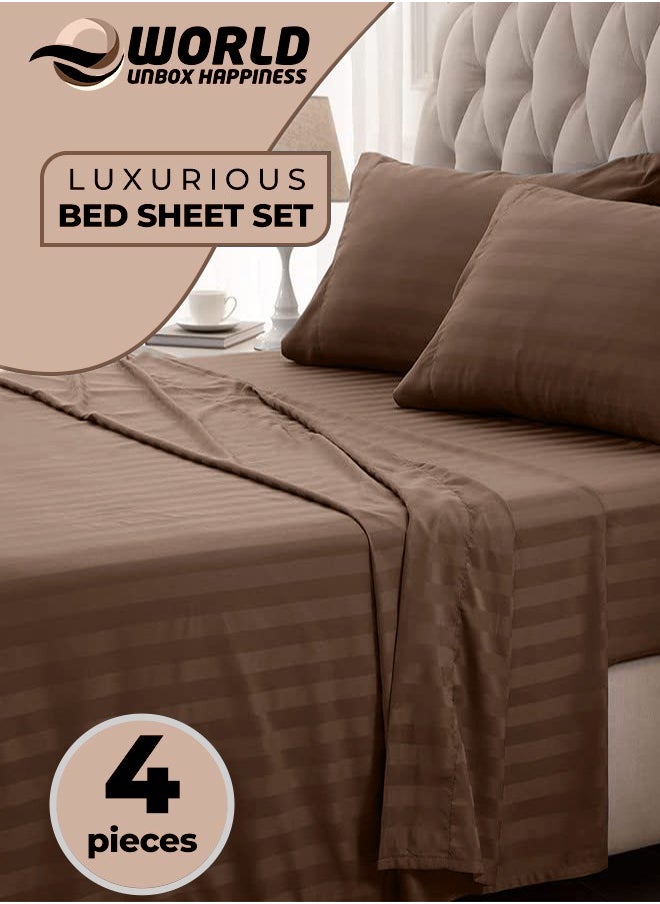 Eworld 4-Piece Luxury King Size Brown Striped Bedding Set Includes 1 Duvet Cover (220x240cm), 1 Fitted Bed Sheet (200x200+30cm), and 2 Pillow Cases (48x74+5cm) for Ultimate Hotel-Inspired Sophistication  - Image 1