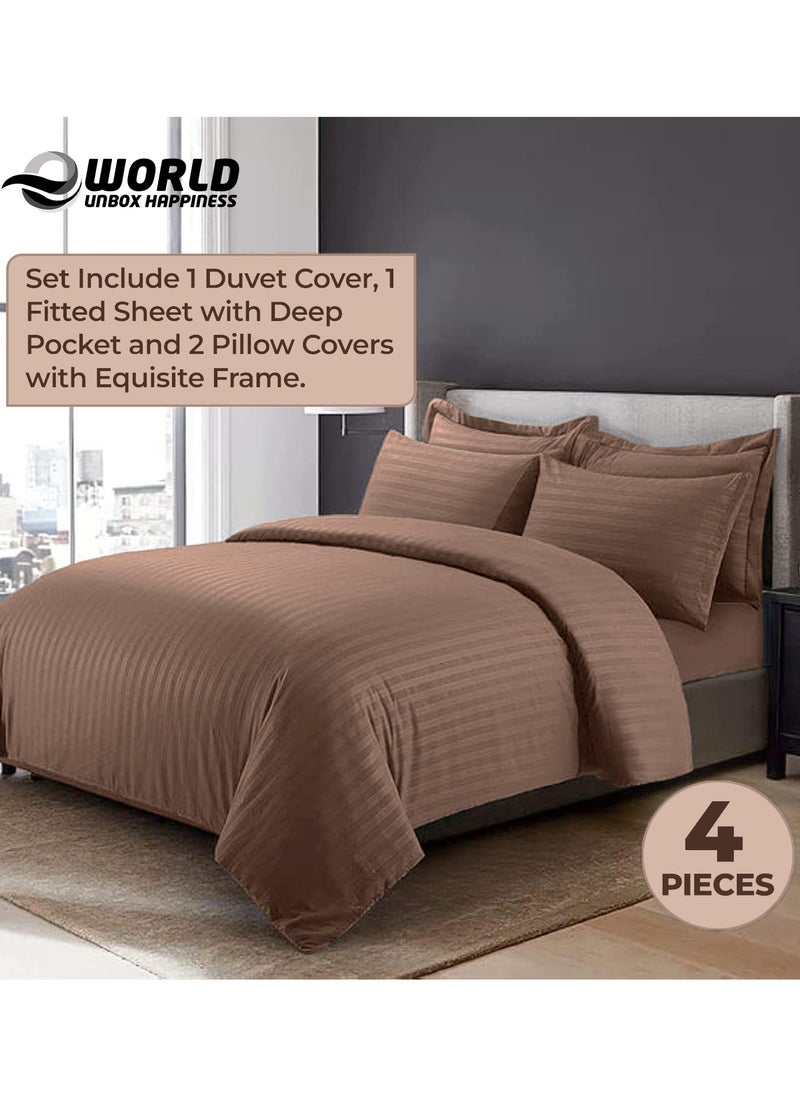 Eworld 4-Piece Luxury King Size Brown Striped Bedding Set Includes 1 Duvet Cover (220x240cm), 1 Fitted Bed Sheet (200x200+30cm), and 2 Pillow Cases (48x74+5cm) for Ultimate Hotel-Inspired Sophistication  - Image 4