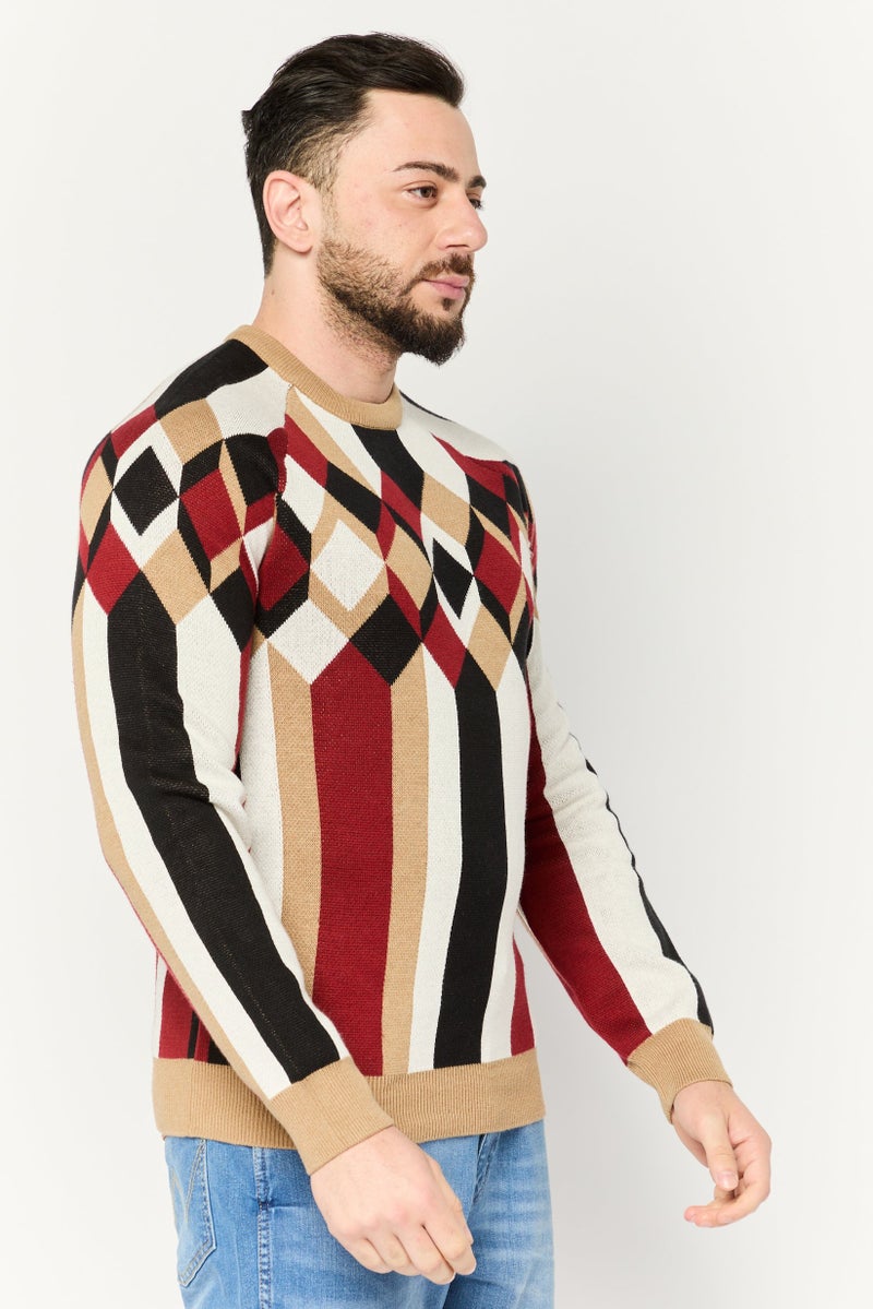 PERRY ELLIS Men Crew Neck Geometric Long Sleeves Sweatshirt, Maroon - Image 3