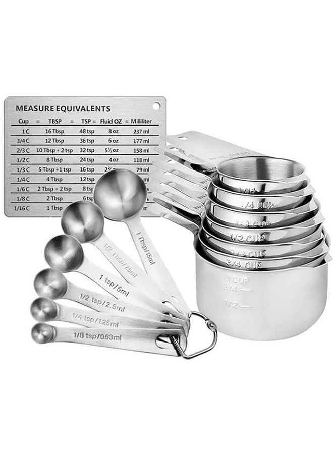 LENND - Measuring Cups and Spoons Set of 15, Durable Single Stainless Steel 6 Measuring Cups and 6 Measuring Spoons with 2 D Rings and Magnetic Measurement Conversion Chart - Image 1
