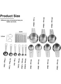 LENND Measuring Cups and Spoons Set of 15, Durable Single Stainless Steel 6 Measuring Cups and 6 Measuring Spoons with 2 D Rings and Magnetic Measurement Conversion Chart  - Image 2