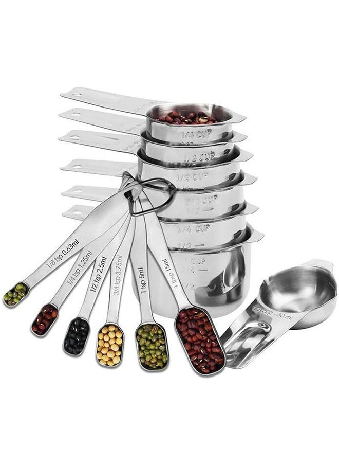 LENND - Measuring Cups and Spoons Set of 15, Durable Single Stainless Steel 6 Measuring Cups and 6 Measuring Spoons with 2 D Rings and Magnetic Measurement Conversion Chart - Image 1