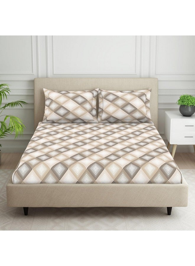 Welspun 120 TC Polycotton Bedsheet for Double Bed with 2 Pillow Cover | Skin Safe & Super Soft Queen Size Bed Sheet | (88 X 100 Inch) - Geometric Beige | Harmony - Image 1