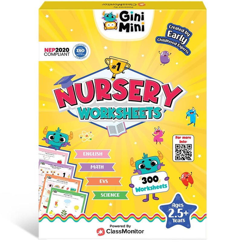GiniMini 300 Nursery Worksheets for 2 3 4 5 6 Years, Fun Learning Activities, Return & Birthday Gifts for Boys, Girls (English, Maths, Science, & EVS) - Image 1