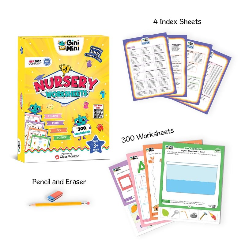 GiniMini 300 Nursery Worksheets for 2 3 4 5 6 Years, Fun Learning Activities, Return & Birthday Gifts for Boys, Girls (English, Maths, Science, & EVS) - Image 2