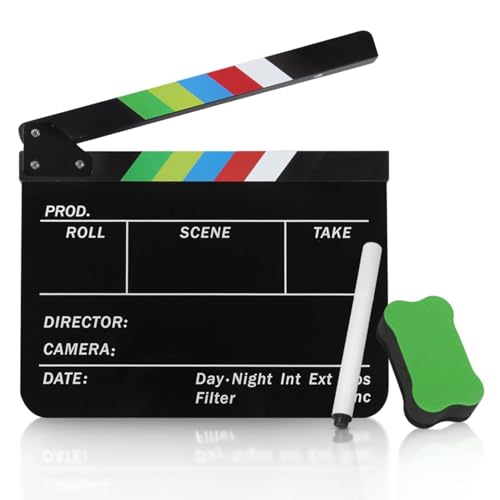 Flexzion Directors Film Clapper Board Film Slate, Acrylic Plastic Dry Erase Movie Clapboard for Studio Camera Theater Props TV Video Film Cut Action Scene Slate Board 10x12 with Color Sticks - Image 1