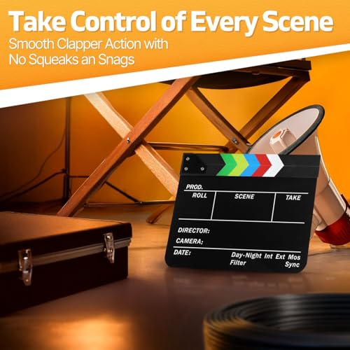 Flexzion Directors Film Clapper Board Film Slate, Acrylic Plastic Dry Erase Movie Clapboard for Studio Camera Theater Props TV Video Film Cut Action Scene Slate Board 10x12 with Color Sticks - Image 2
