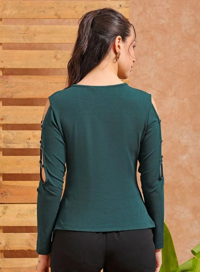Freehand  Women Regular Fit Solid Round Neck Long Sleeve Cut Out Top  | Best Price UAE