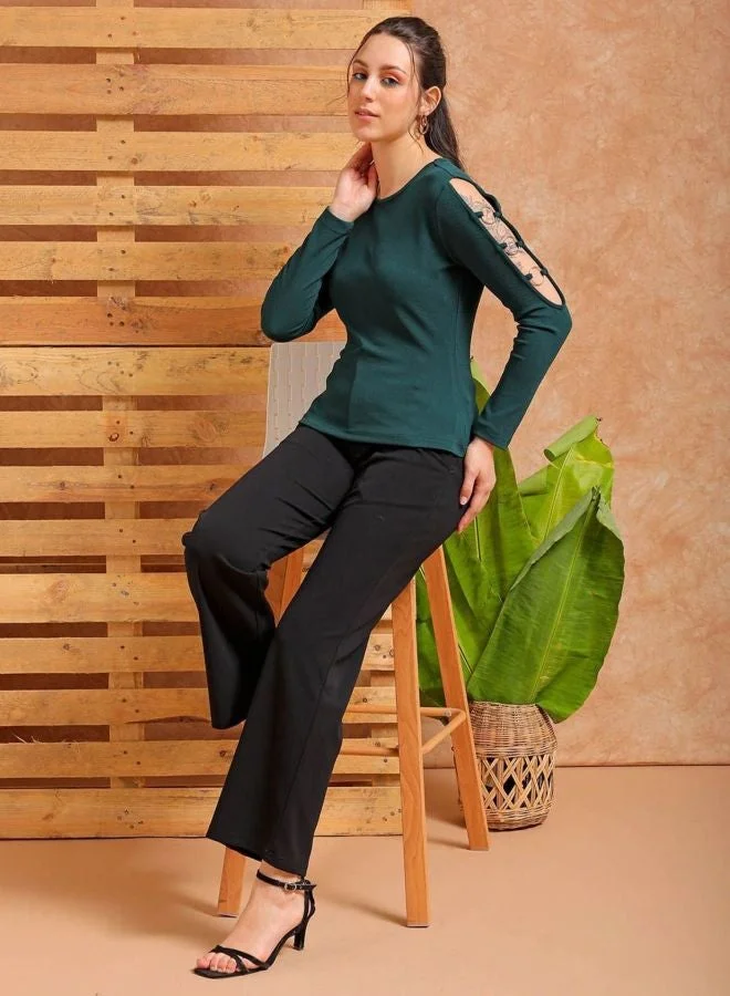 Freehand  Women Regular Fit Solid Round Neck Long Sleeve Cut Out Top  | Best Price UAE