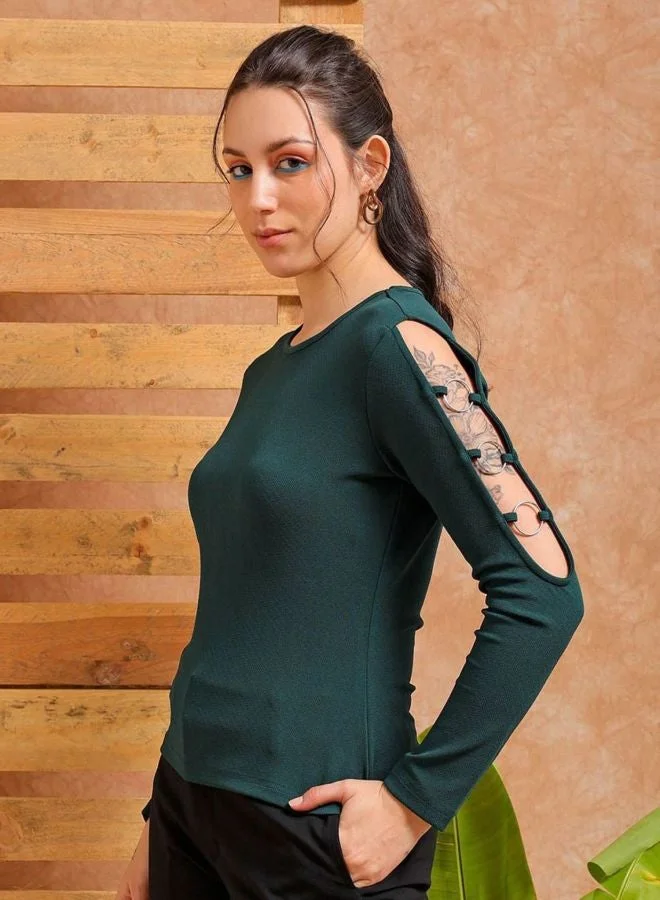Freehand  Women Regular Fit Solid Round Neck Long Sleeve Cut Out Top  | Best Price UAE