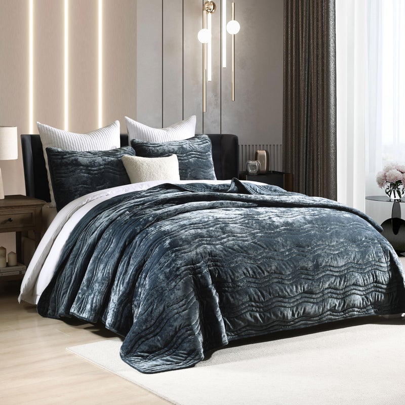 AJOCCI Velvet King Size Comforter Set, Luxurious King Quilt, Blue Bedding Set, Soft Plush Bedspread, Lightweight for All Season,Stormy Blue - Image 2