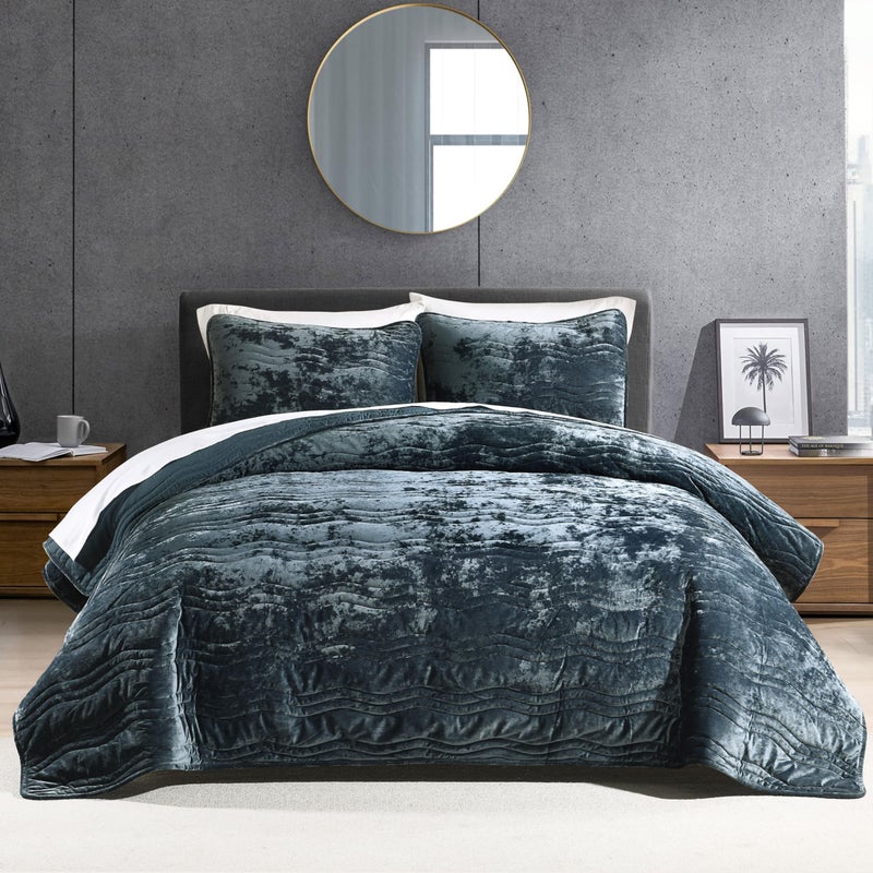 AJOCCI Velvet King Size Comforter Set, Luxurious King Quilt, Blue Bedding Set, Soft Plush Bedspread, Lightweight for All Season,Stormy Blue - Image 1