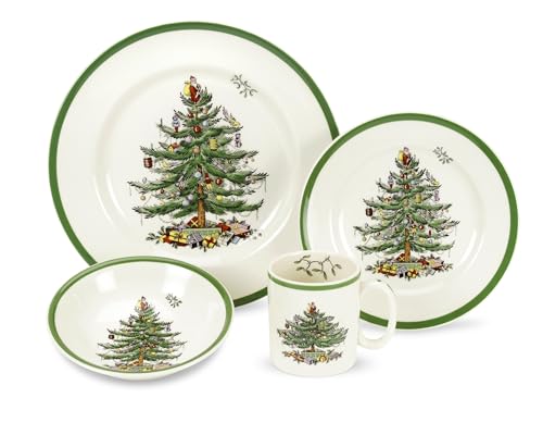 Spode Christmas Tree 4Piece Dinnerware Setting  Fine Earthenware Holiday Tableware  Dishwasher  Microwave Safe Festive Christmas Plates Bowls Mug  Holiday Dining Essentials