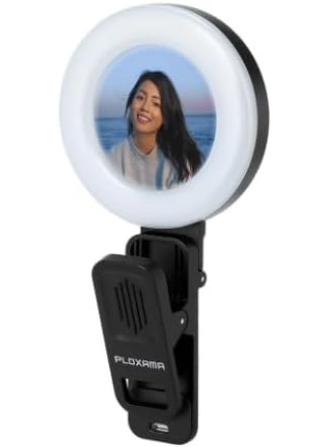 PLOKAMA U20 Ring LED Selfie Mirror Clip, Phone Camera Light with Rechargeable Flash, USB Type-C, Black - Image 1