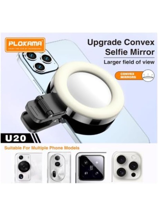 PLOKAMA U20 Ring LED Selfie Mirror Clip, Phone Camera Light with Rechargeable Flash, USB Type-C, Black - Image 2