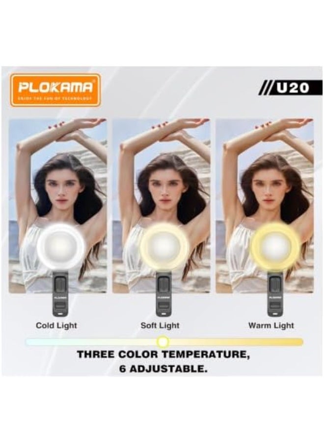PLOKAMA U20 Ring LED Selfie Mirror Clip, Phone Camera Light with Rechargeable Flash, USB Type-C, Black - Image 3