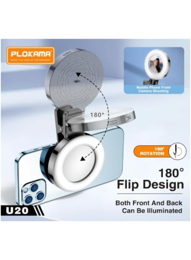 PLOKAMA U20 Ring LED Selfie Mirror Clip, Phone Camera Light with Rechargeable Flash, USB Type-C, Black - Image 4