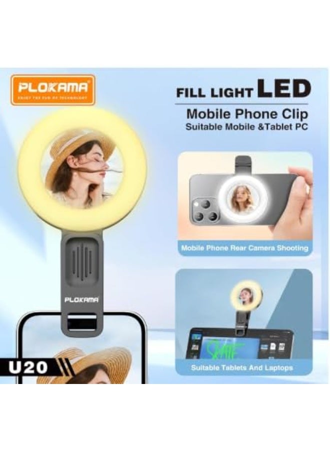 PLOKAMA U20 Ring LED Selfie Mirror Clip, Phone Camera Light with Rechargeable Flash, USB Type-C, Black - Image 5