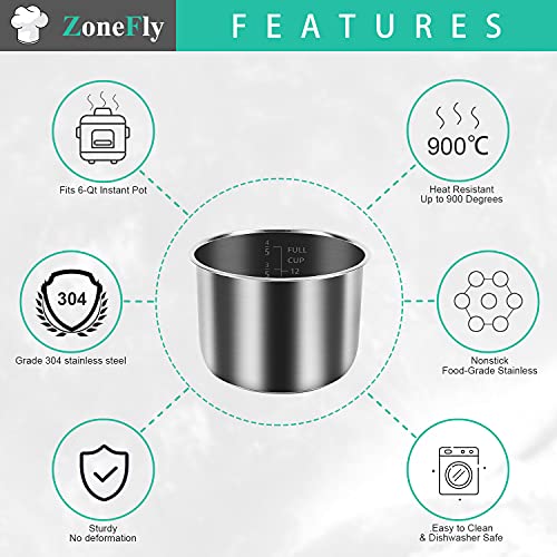 ZoneFly Inner Pot for Instant Pot 6 Qt, with 2-Pack 100% Silicone Sealing Ring Replacement Pot for InstaPot Cooking Pot Stainless Steel (Equivalent to IP-POT-SS304-60) Nonstick Pot 6Qt Liner - Image 2