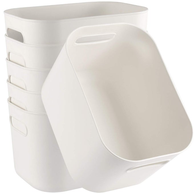 10 X 7 X 6 INCH 6 PACK PLASTIC STORAGE BINS WITH HANDLES PANTRY ORGANIZER BINS WHITE STORAGE CONTAINERS STACKABLE STORAGE BIN TIDY FOR KITCHEN BATHROOM PANTRY OFFICE