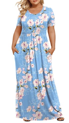 LONGYUAN Women's Plus Size Maxi Dresses for Curvy Women Summer Short Sleeve Casual 2026 Long Dress Fl White Blue XL - Image 4