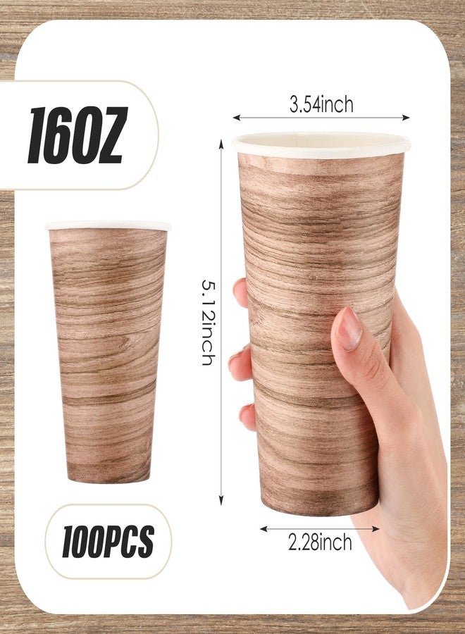 Layhit أكواب ورقية قابلة للتصرف 100 قطعة سعة 16 أونصة بتصميم خشبي باللونين الأسود والأبيض لمشروبات القهوة الساخنة والباردة والشوكولاتة والشاي والكابتشينو للاستخدام المنزلي والسفر والمكتب والمقهى والمطعم والحفلات - Image 2